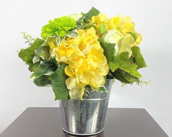 Hydrangea Flower Arrangement, Artificial Centerpiece, Silk Flower Arrangement, Silk Flower Centerpiece, Yellow Faux Flower, Table Decor,