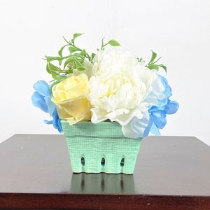 Blue Hydrangea Flower Arrangement, Silk Flower Rustic Centerpiece, Artificial Flower Decor, Summer Floral Centerpiece, Rose Faux Flowers