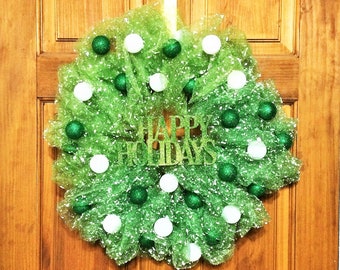 Christmas Deco Mesh Wreath, Holiday Wreath, Green Deco Mesh Wreath, White Christmas Wreath, Front Door Wreath, Ribbon Wreath, Mesh Wreath