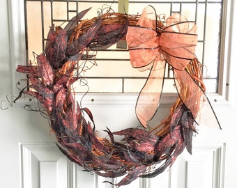 Fall Door Wreath: Orange Grapevine, Glitter Leaves & Ribbon