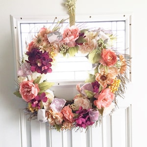Burgundy Hydrangea Wreath: Peach Ranunculus, Summer Door Decor