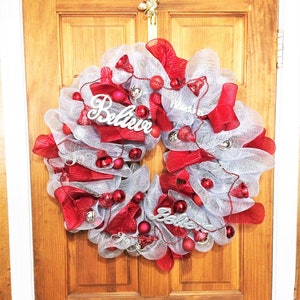 Weihnachtlicher Deko-Netzkranz,Weihnachtskranz,Weihnachtskranz-Deko-Netzkranz, roter Weihnachtskranz, Haus-Türkranz, Bänderkranz,Weihnachtskranz