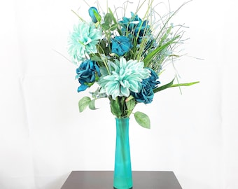 Teal Rose Flower Arrangement, Artificial Centerpiece, Silk Flower Arrangement, Silk Flower Centerpiece, Faux Flower, Green Dahlia Floral