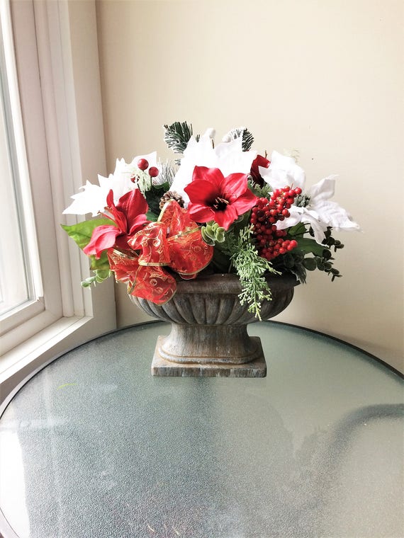 White Poinsettia Flower Arrangement, Winter Centerpiece