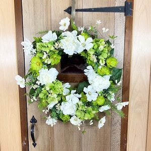 Witte pioenkrans, zomerdeurkrans, voordeurkrans, zomerkrans, deurkrans, groene kosmoskrans, witte krans, krans voor deur