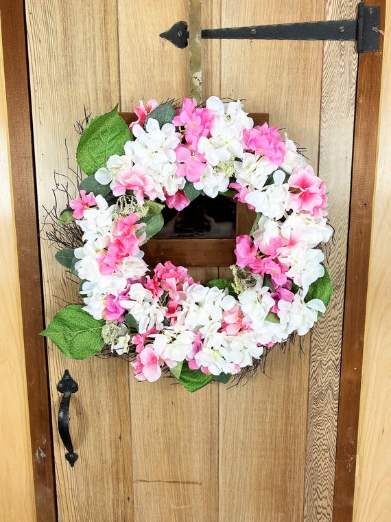 Pink Hydrangea Wreath: Summer Door Decor, Grapevine Base