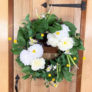 Witte pioenkrans, zomerdeurkrans, voordeurkrans, zomerkrans, deurkrans, crème rozenkrans, witte krans, krans voor deur