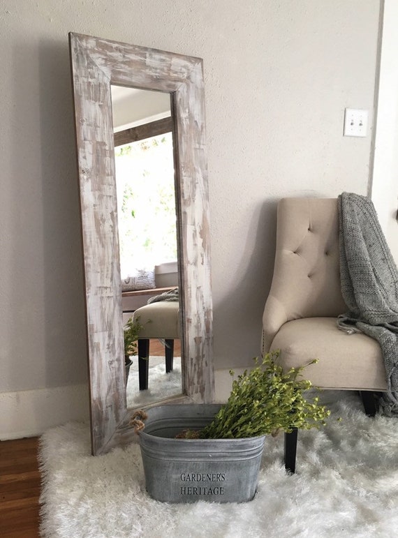 White Washed Rustic Floor Mirror Distressed Farmhouse Full Wooden Frame Length