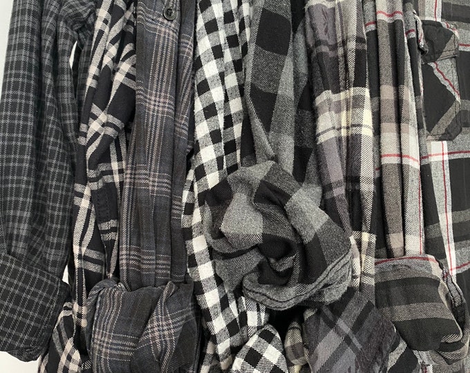 bridesmaid flannels curated as a set of 7, colors are black and gray plaid shirts, sizes include XS small medium