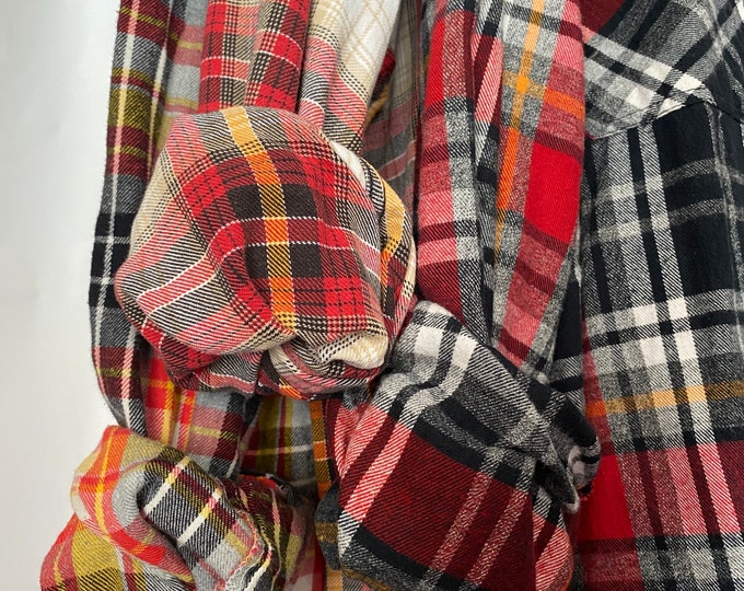 3 vintage flannel shirts curated as a set of bridesmaid flannels, colors are red black and yellow, L/XL large Xlarge