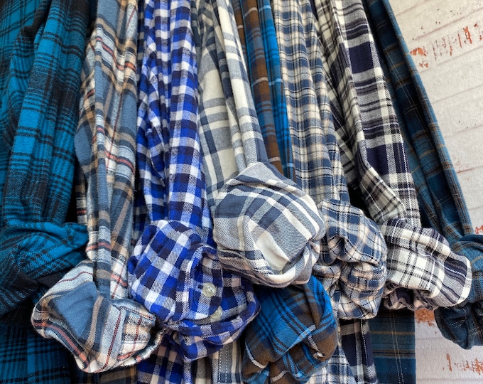 XS/S nightshirt style flannel shirts curated as a set of 8, blue plaids with mostly white bride shirt, bridesmaid flannels, small Xsmall,