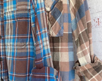 XS/S vintage flannel shirts curated as a set of 2 in cocoa brown and blue plaid