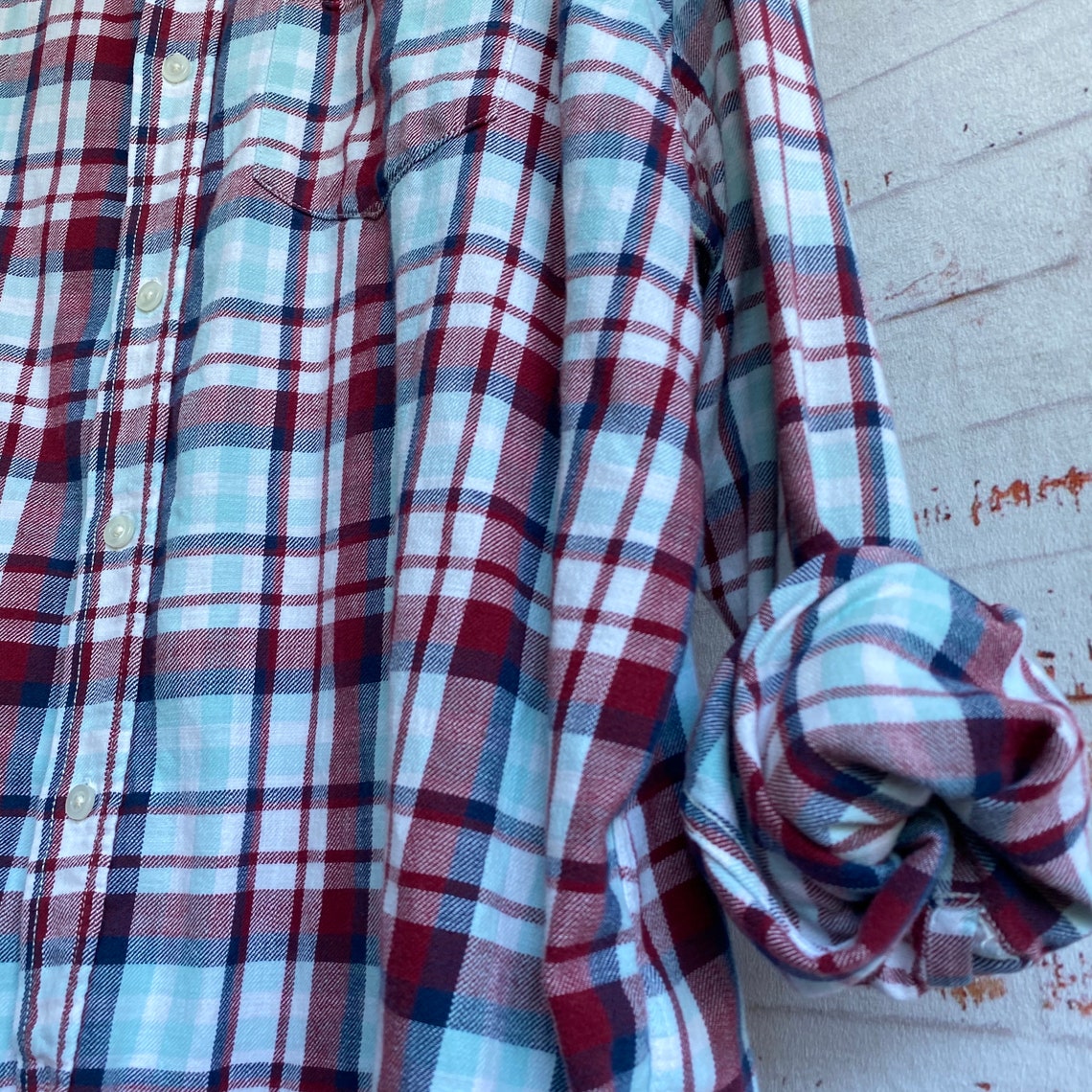 2X vintage flannel shirt white with burgundy and aqua plaid | Etsy