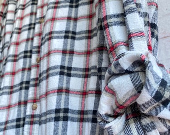 XL vintage flannel shirt, white flannel with black and red plaid, bride getting ready button down, xlarge