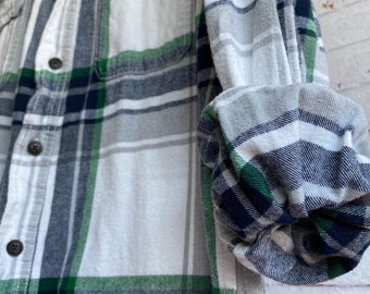 Medium vintage flannel shirt, white flannel with green and blue plaid, bride getting ready button down, MED