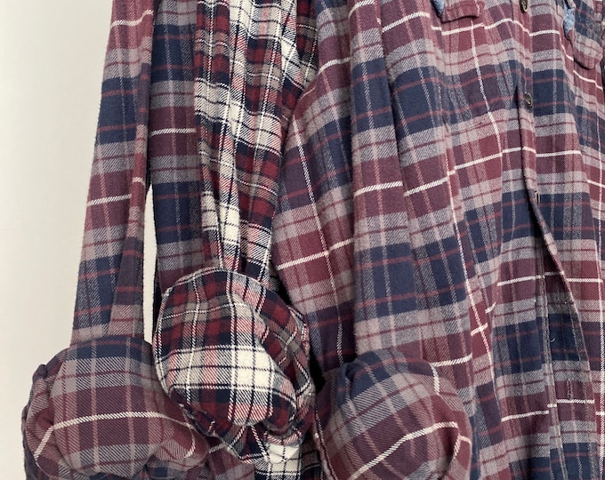 Small vintage flannel shirts curated as a set of 3 bridesmaid flannels, colors are maroon and navy plaid