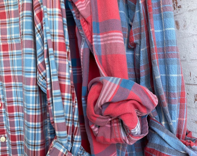 M/L Nightshirt Style vintage flannel shirts curated as a set of 3, pink and blue plaids, medium large long length, flannel robe