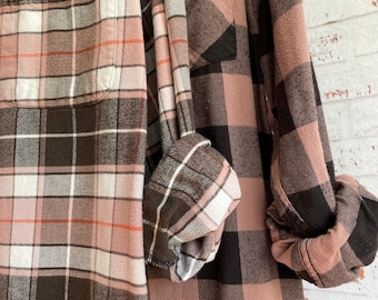 Small vintage flannel shirts, curated as a set of 2 in mauve and black plaid, wedding flannels, bridesmaids shirts