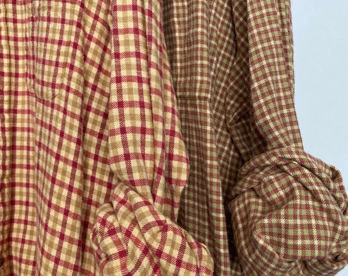 L/XL vintage flannel shirts curated as a set of 2, colors are yellow red and lime green plaid, bridesmaid flannels, large Xlarge