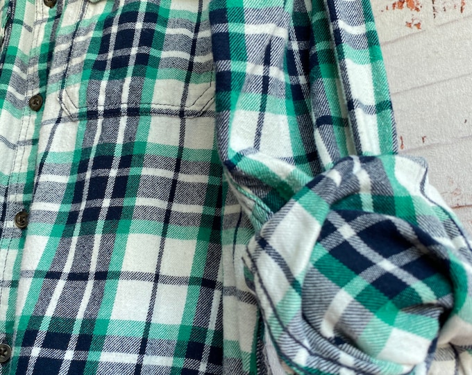 Medium vintage flannel shirt, white flannel with emerald and navy blue plaid, bride getting ready button down, MED