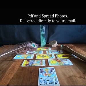 May include: A tarot card spread with a green crystal, a peacock feather, and a wooden wand on a wooden table. The cards are laid out in a pattern, and the spread includes the cards: The Star, The World, The Sun, The Moon, The Tower, The Devil, The Chariot, The Empress, The Emperor, and The Magician.