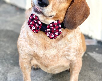 Buffalo plaid dog bow tie, paw prints dog bow tie, dog collar tie, dog necktie