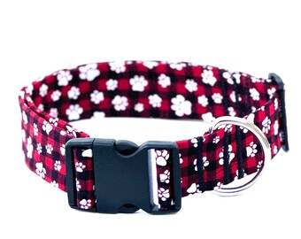 Buffalo plaid dog collar, Christmas dog collar,Red and balck plaid paw prints dog collar,