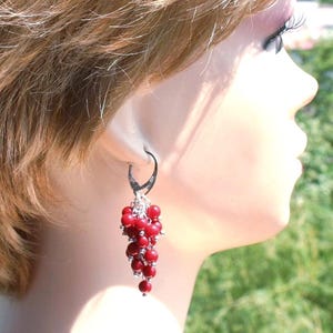 red coral earrings, sterling silver coral earrings, unique earrings, long grape bunches earrings, boho earrings, genuine red coral earrings