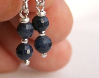 sapphires earrings, genuine sapphires, sterling sliver sapphire earrings, September birthstone earrings, tiny earrings, push back clasp