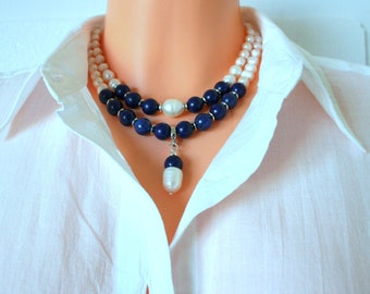 lapis lazuli necklace, unique double necklace, pearl and gemstone jewelry, dark blue statement necklace, birthday gift for her