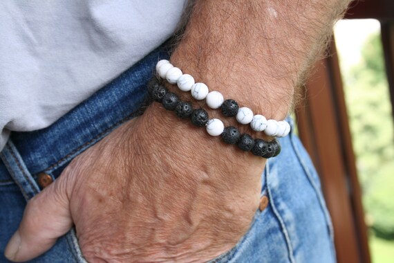 Couple bracelet, black lava bracelet and howlite bracelet, double protection bracelets for him, bracelet for her, yin yang bracelet
