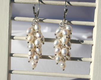 pendientes de perlas, perla real de agua dulce, pendientes de perlas para boda, pendientes largos de perlas, pendientes de perlas de plata de ley, regalo para mujer