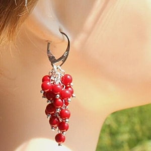 red coral earrings, sterling silver coral earrings, unique earrings, long grape bunches earrings, boho earrings, genuine red coral earrings