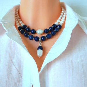 lapis lazuli necklace, unique double necklace, pearl and gemstone jewelry, dark blue statement necklace, birthday gift for her