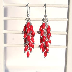 red coral earrings, statement coral earrings, long coral earrings, boho earrings, genuine red coral earrings, sterling silver coral earrings