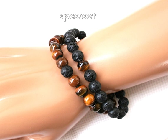 black lava bracelet, tiger eye bracelet, set of bracelet, double bracelets, 8mm
