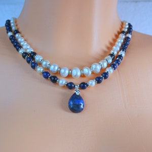 delicate dubbele ketting van zoetwaterparels en lapis lazuli-kralen, lapis lazuli-ketting, gelaagde ketting, verjaardagscadeau voor haar