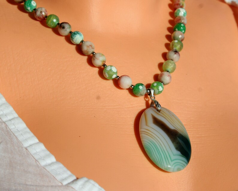 Green agate necklace, healing gemstone necklaces, beadwork necklace, designer necklace, mala necklace, jewelry gift for her image 1