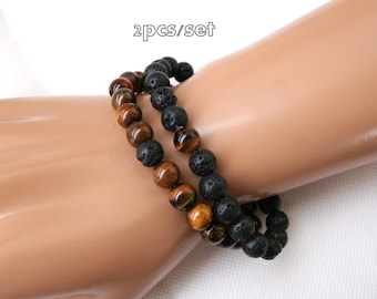 pulsera lava negra, pulsera ojo de tigre, juego de pulseras, pulseras dobles, 8mm