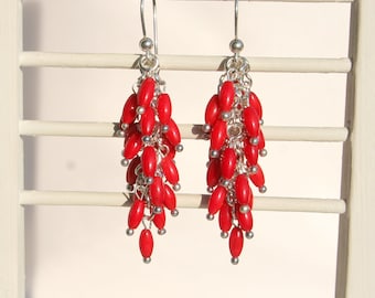 red coral earrings, statement coral earrings, long coral earrings, boho earrings, genuine red coral earrings, sterling silver coral earrings