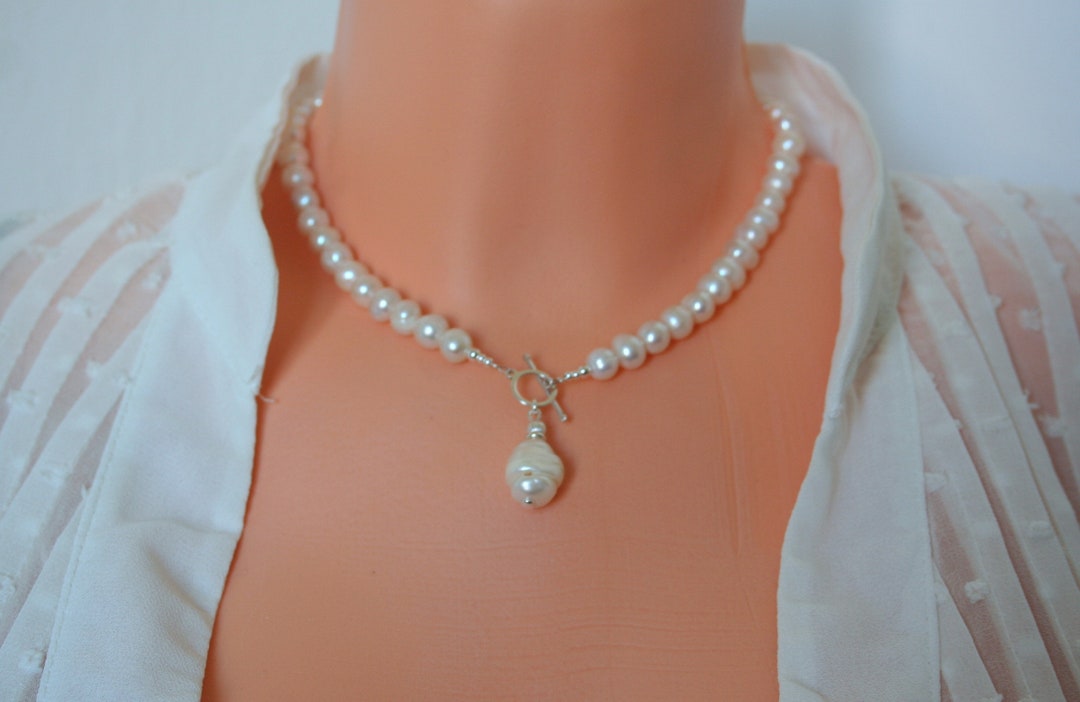 Beaded Pearl Necklace, Charm Pearl Necklace, Genuine Pearls Wedding Necklace, Bridal Pearl