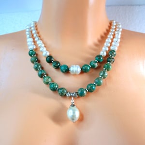 Imperial Jaspis Halskette, einzigartige doppelte Halskette, Jaspis und Perlen Halskette, schicke Edelstein Halskette, grüne Halskette, Geschenk für Sie