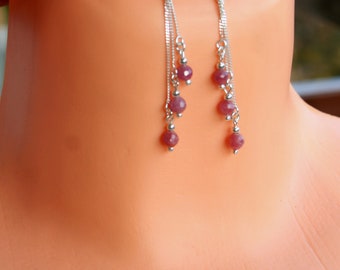 ruby earrings, sterling silver ruby earrings, long ruby earrings, genuine ruby earrings, dangle ruby earrings, nice gift for her