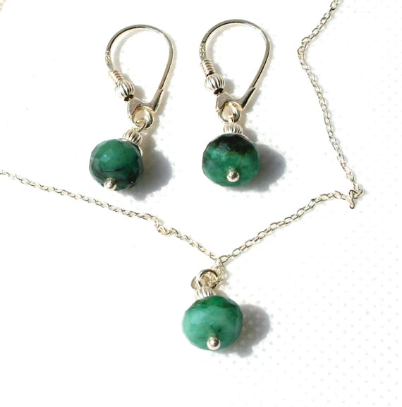 emerald set, real emerald necklace and real emerald earrings, sterling silver jewelry, genuine emerald, May birthstone gift for women