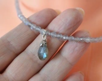 labradorite necklace, flash blue labradorite beaded necklace, sterling silver genuine labradorite necklace pendant, gift for her