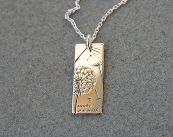 Sterling zilveren paardenbloem ketting, maak een wens schrift ketting, kleine sterling zilveren ketting, cadeau voor vriend