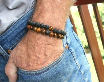 schwarzes Lava-Armband, Tigerauge-Armband, Armband-Set