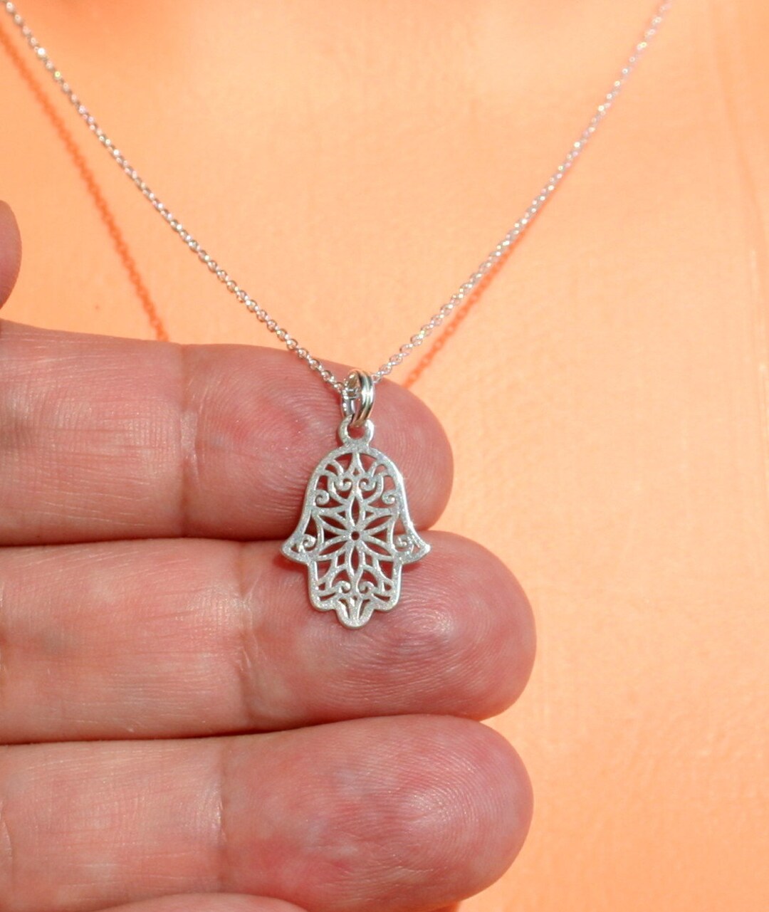 Sterling Silver Hamsa Necklace Fatima Hand Necklace Tiny Etsy