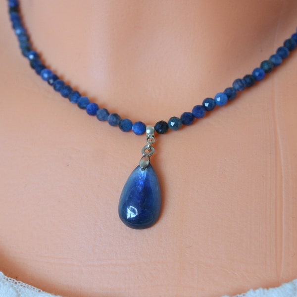 blue kyanite necklace, kyanite bead necklace, kyanite charm necklace, natural genuine precious faceted blue gemstone, stylish gift for her