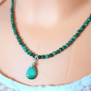 malachite necklace, real malachite dainty beaded necklace, green malachite necklace, sterling silver malchite necklce, gift for women